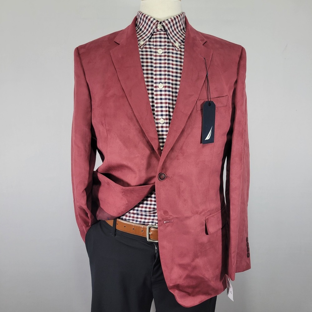 Nautica Men's Sport Coat Blazer Two Button‎ Wine Red Polyester Suede 42R NEW